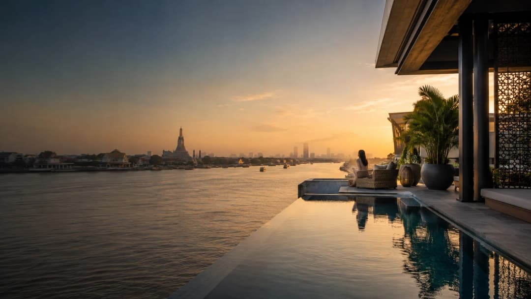 Coucher de soleil sur la Chao Phraya et le temple Wat Arun depuis une terrasse-piscine à Bangkok